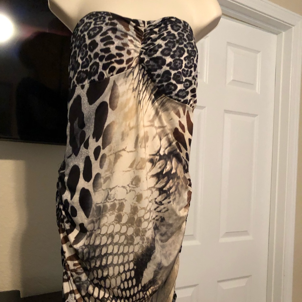 Bellissimo Strapless Animal Print Mini Dress in Black and Taupe